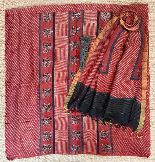 RED DESERT BLOOM AJRAKH LINEN SILK HANDBLOCK SUIT SET AL-1014