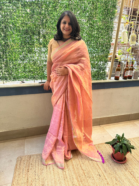 LIGHT PASTEL METALLIC LINEN SARI WITH WOVEN BORDER ML-47