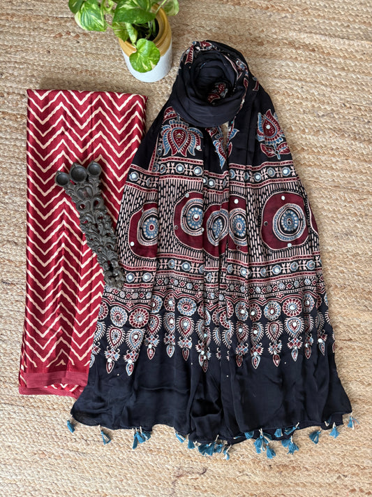 Maroon Mashru Silk Kurta With Black Ajrakh Handcrafted Mirror Work Modal Silk Dupatta