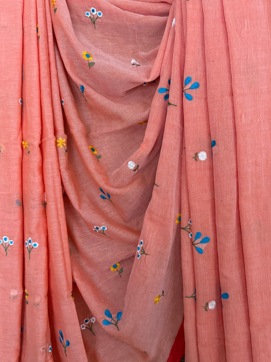 Coral Passion Mull embroidery handloom sari with tassels