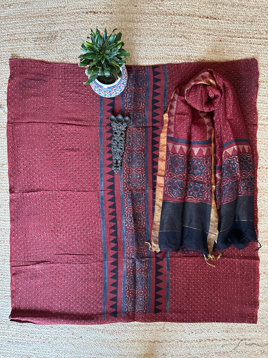 MAROON LINEN AJRAKH SILK HANDBLOCK SUIT SET AL-106