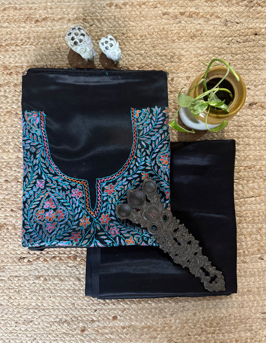 BLACK MASHRU SILK HAND EMBROIDERY KASHMIRI HANDEMBROIDERY SOZNI WORK CORD SET Cs- 25