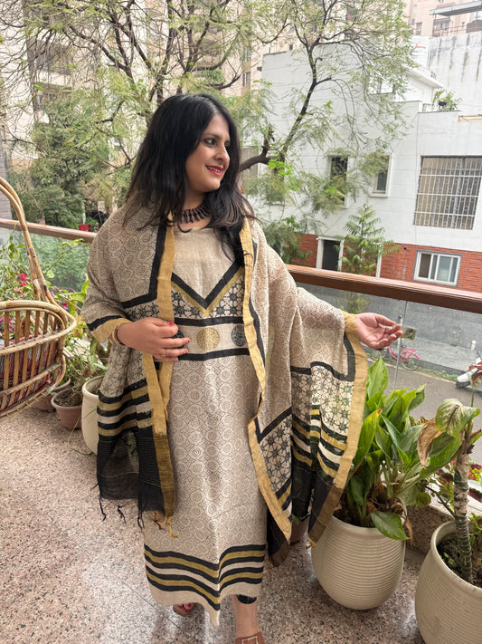 Beige ajrakh butta linen silk handblock suit set