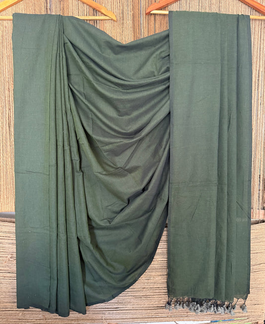 BOTTLE GREEN MULLCOTTON HANDLOOM SARI