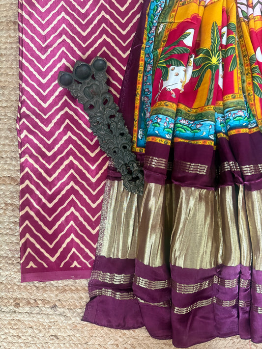 Lavender Purple zigzag mashru silk kurta with patola handcrafted modal silk dupatta ps-203