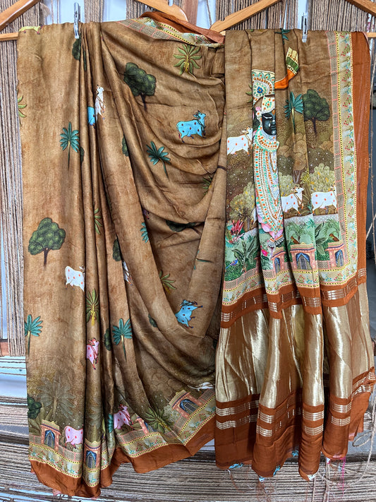 BROWN PICHWAI MODAL SILK PRINT SARI WITH ZARI BORDER PMS- 1036