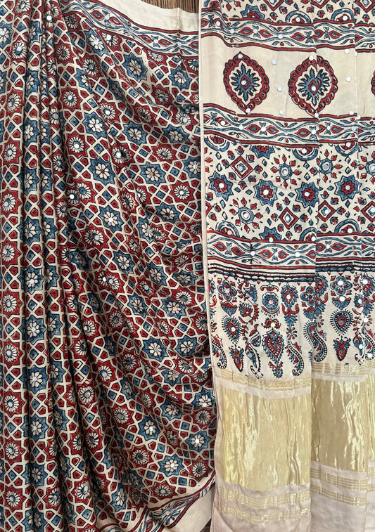 KHAKI BEIGE AJRAKH HANDCRAFTED MIRROR WORK MODAL SILK SARI WITH ZARI PALLU