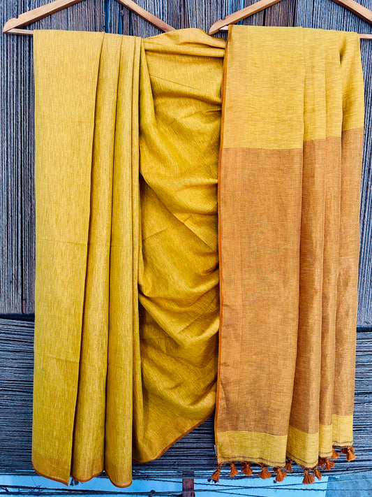 MEDALLION YELLOW COPPER TISSUE LINEN ZARI SARI WITH WOVEN RED BORDER TL-49