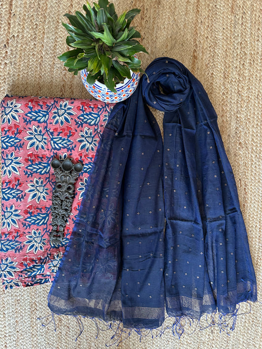 PEACH ORANGE JAIPURI HANDBLOCK KURTA WITH SEQUENCE BLUE DUPATTA SET