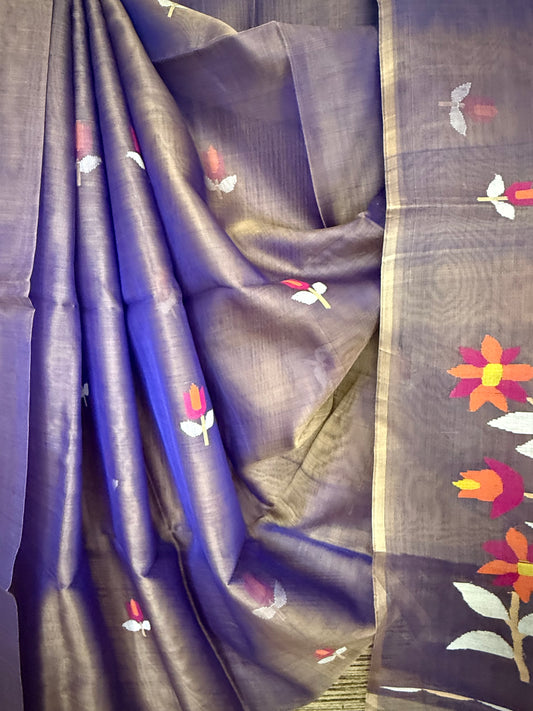 GRAY BLUE DUAL SHADE JAMDANI HANDWOVEN PURE MUSLIN SILK SARI MJS-7