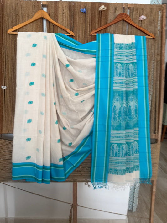 WHITE & SKY BLUE HANDWOVEN HANDLOOM BALUCHARI AUTHENTIC BENGAL HERITAGE WEAVE COTTON SARI
