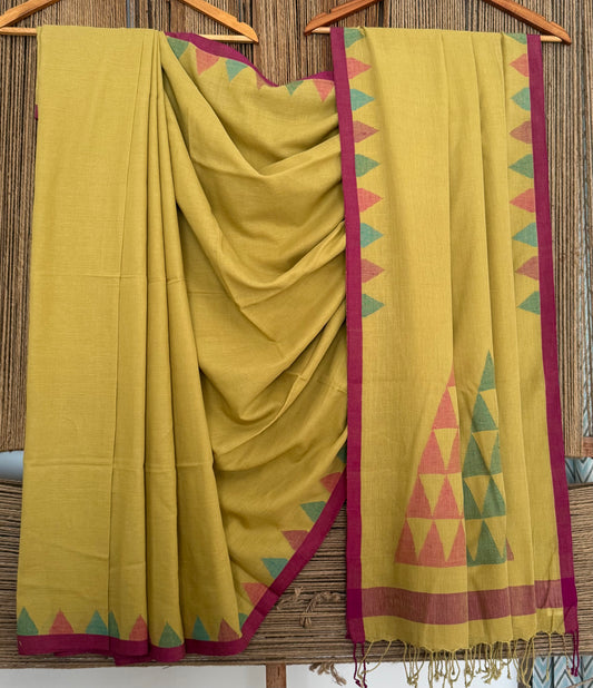 Mustard Yellow handloom cotton needle jamdani wove sari