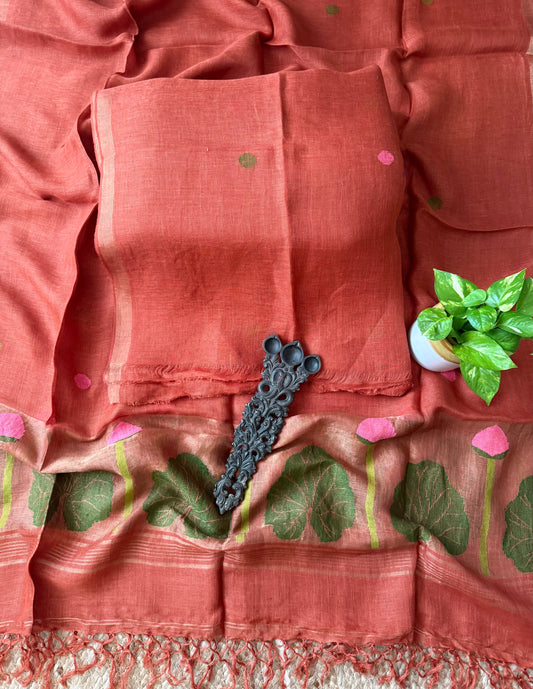 CHESTNUT MAROON PURE JAYSHREE LINEN JAMDANI HANDWOVEN KURTA SET
