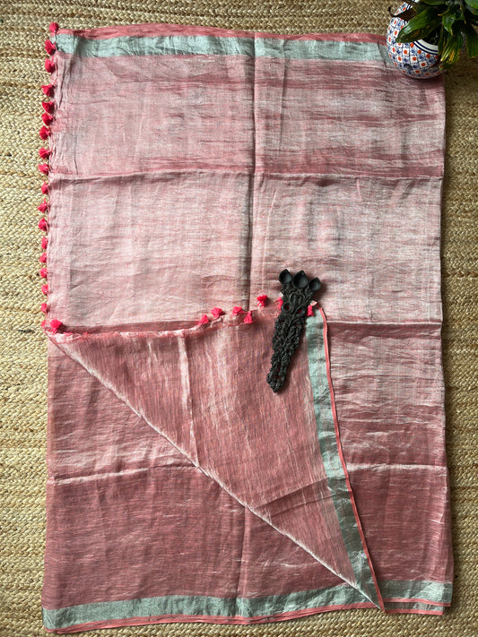 002 Peach Pink Metallic linen Sari with Silver woven Border and Tassels