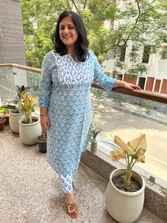 GREEN BLUE FLORAL COTTON HANDBLOCK HANDCRAFTED KURTA SET WITH BORDER