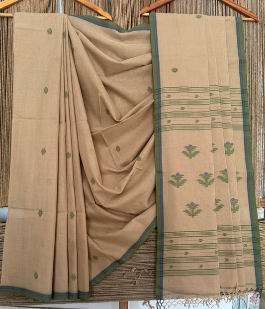 BEIGE GOLDEN CLASSIC AUTHENTIC HANDWOVEN JAMDANI WEAVING PURE COTTON SARI