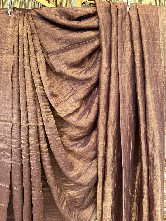 COPPER METALLIC LINEN SARI WITH WOVEN BORDER AND TASSELS ML-55