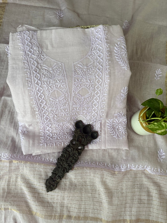 MISTY ROSE PINK PREMIUM MULL CHANDERI LUCKNOWI CHICKENKARI HAND EMBROIDERY THREE PIECE SUIT