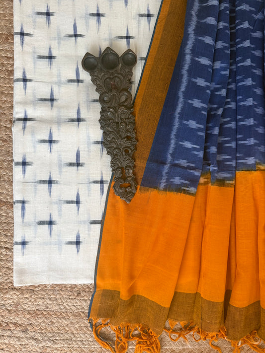 WHITE & BLUE MERCHANDISE COTTON HANWOVEN KURTA WITH IKKAT PURE COTTON SILK PATOLA HANDWOVEN DUPATTA