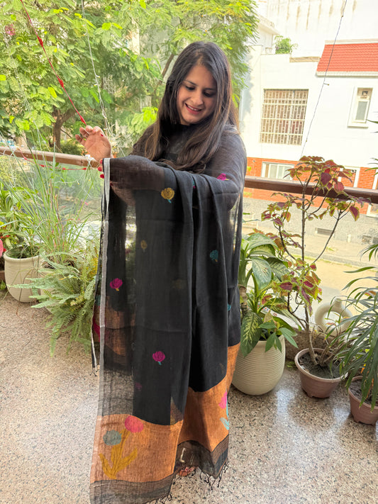 BLACK WOVEN LINEN  KURTA SET LJS- 204