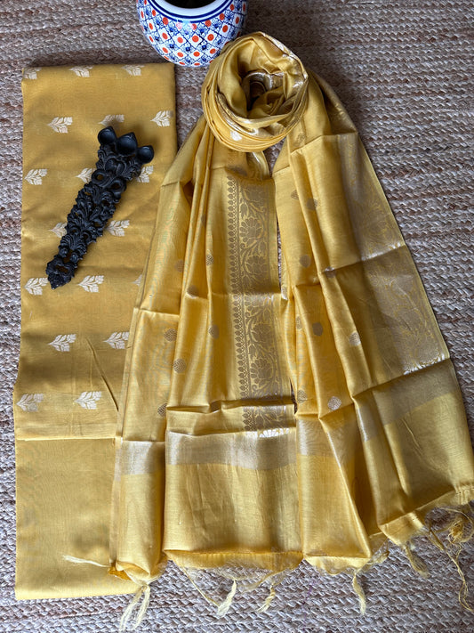 Butterscotch Yellow Chanderi handloom Banarsi Booti three piece suit