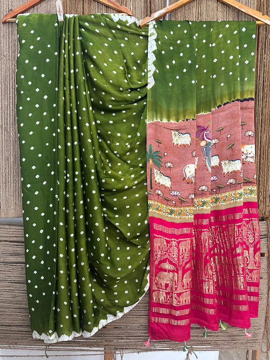 Mehendi green modal silk bandhani sari with pichwai print