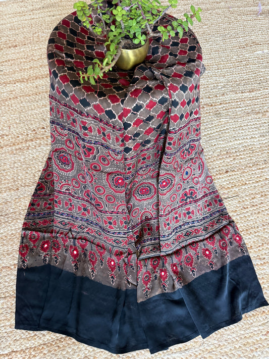CHIKOO BROWN AJRAKH MODAL SILK STOLE WITH HAND EMBROIDERY MIRROR WORK