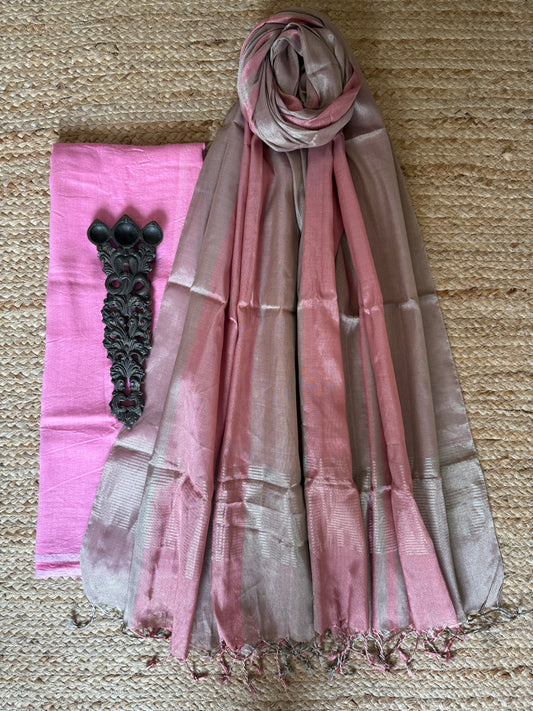 PINK SOLID MUGA SILK KURTA WITH CHANDERI HANDLOOM SILK DUPATTA
