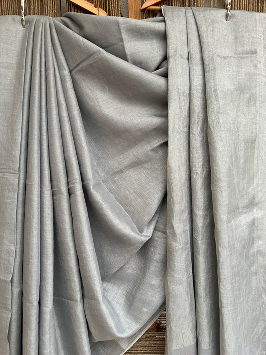 Silver tissue linen zari sari with woven yellow border & tassels