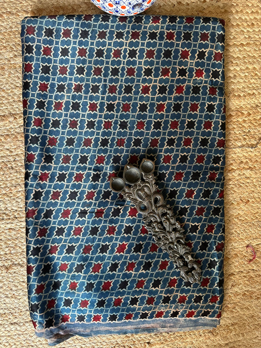 INDIGO BLUE MASHRU AJRAKH HANDCRAFTED SILK FABRIC