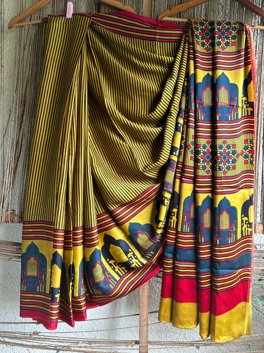 MUSTARD MULTI CONTEMPRORAY AJRAKH MODAL SILK SARI