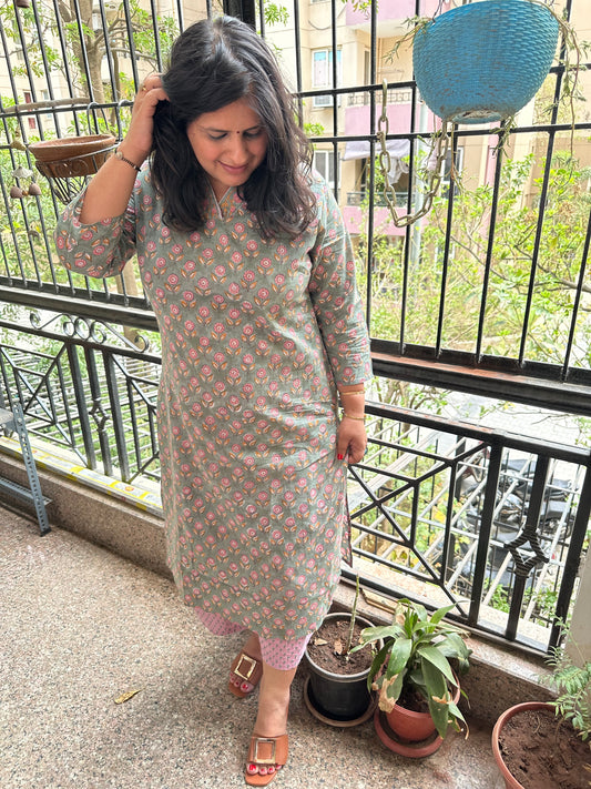 GREEN COTTON HANDBLOCK HANDCRAFTED KURTA WITH BORDER