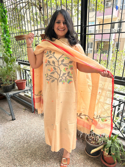 BEIGE JAMDANI WOVEN MULL KURTA SET CJS- 2