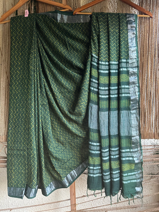 GREEN AKOLA LINEN ZARI WOVEN HANDBLOCK SARI
