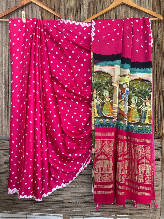 PINK MODAL SILK BANDHANI  SARI WITH PICHWAI PRINT  BPS 27