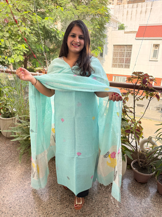 ARCTIC BLUE WOVEN LINEN  KURTA SET LJS- 206