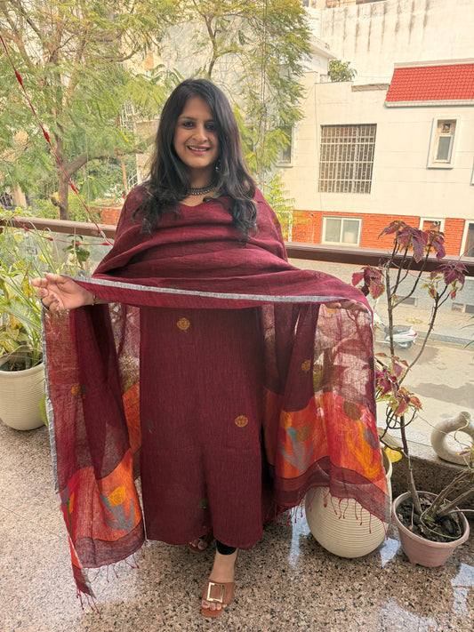 MAROON JAMDANI LINEN KURTA SET LJS-302