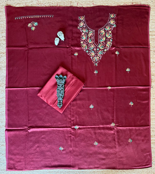MAROON MASHRU SILK HAND EMBROIDERY KASHMIRI HANDEMBROIDERY SOZNI WORK CORD SET Cs- 30