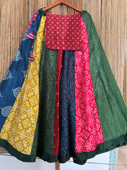 Maroon mashru silk blouse-with Multicolour patchwork handcrafted mashru silk Skirt