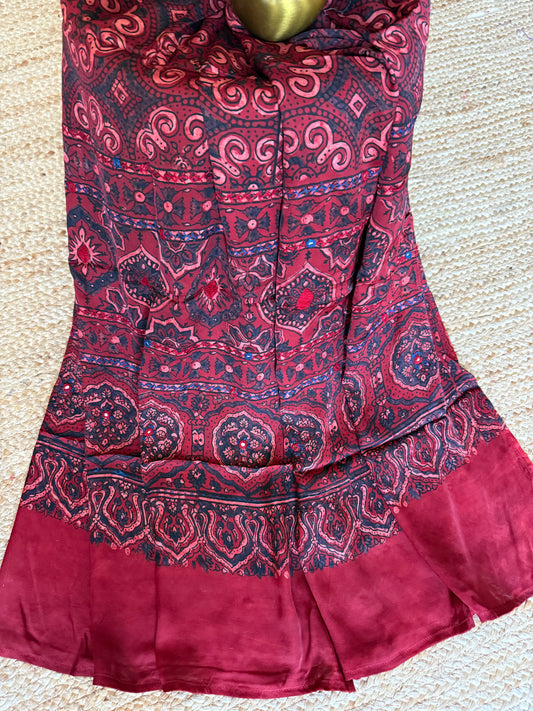 MAROON AJRAKH MODAL SILK STOLE WITH HAND EMBROIDERY MIRROR WORK