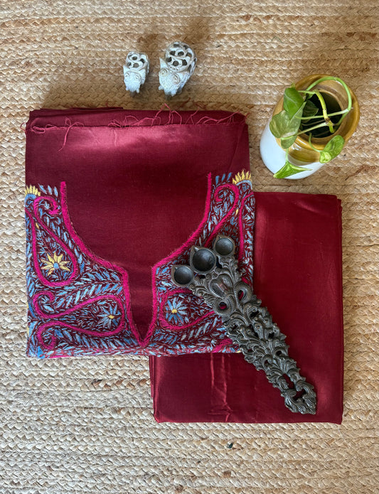 MAROON MASHRU SILK HAND EMBROIDERY KASHMIRI HANDEMBROIDERY SOZNI WORK CORD SET Cs- 30