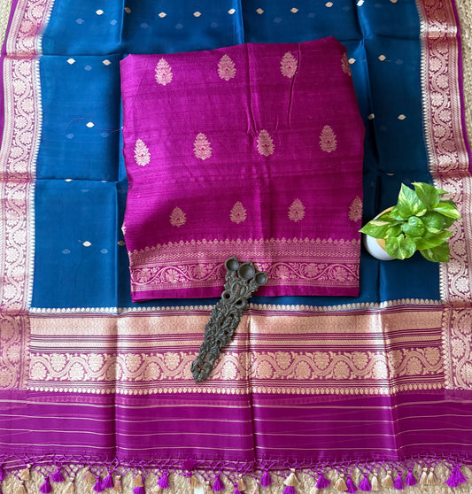 Orchid Purple raw silk certified handloom banarsi kadwa butti with woven zari three piece suit