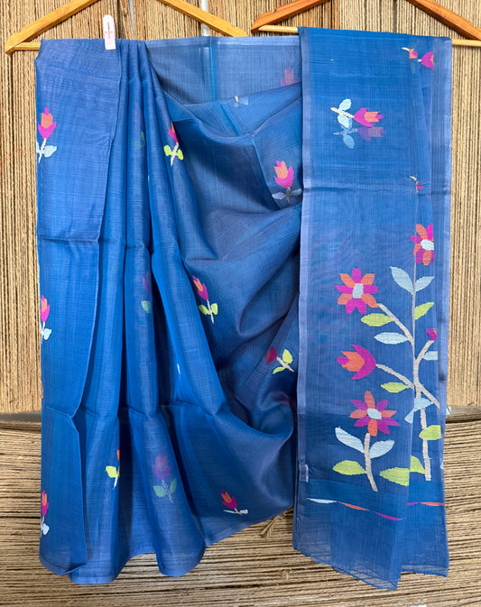 DENIM BLUE JAMDANI HANDWOVEN PURE MUSLIN SILK SARI MJS-11