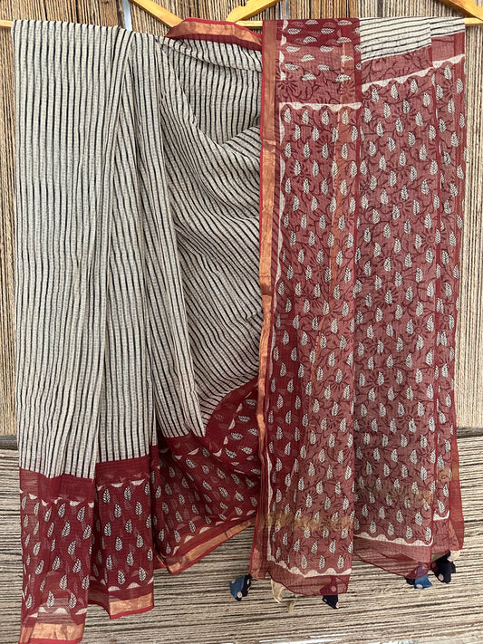 BONE GRAY & MAROON KOTA DORIA HANDBLOCK SARI
