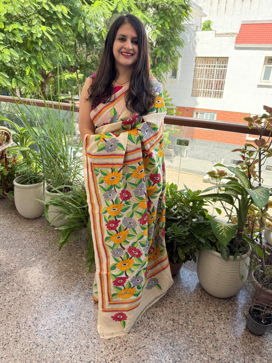 DUTCH WHITE BEAUTIFUL HAND MADE KANTA HANDWORK ON TUSSAR SARI THE KANTHA FLOWERS BEAUTIFUL ALL OVER THE SARI WITH BLOUSE