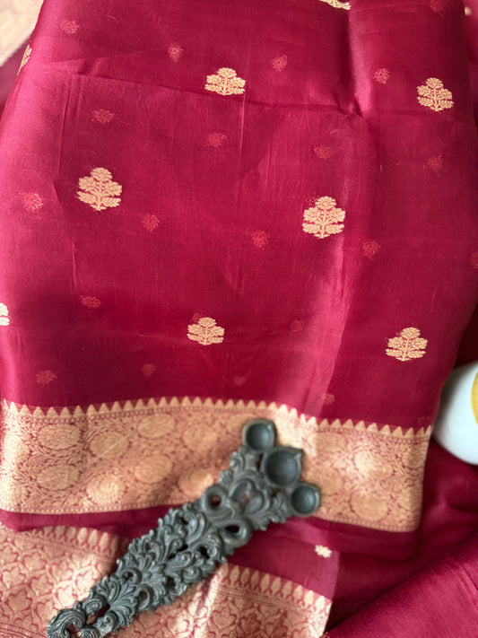 Rich Deep Maroon Kora Silk Certified Handloom Banarsi Kadwa Booti Three Piece Suit