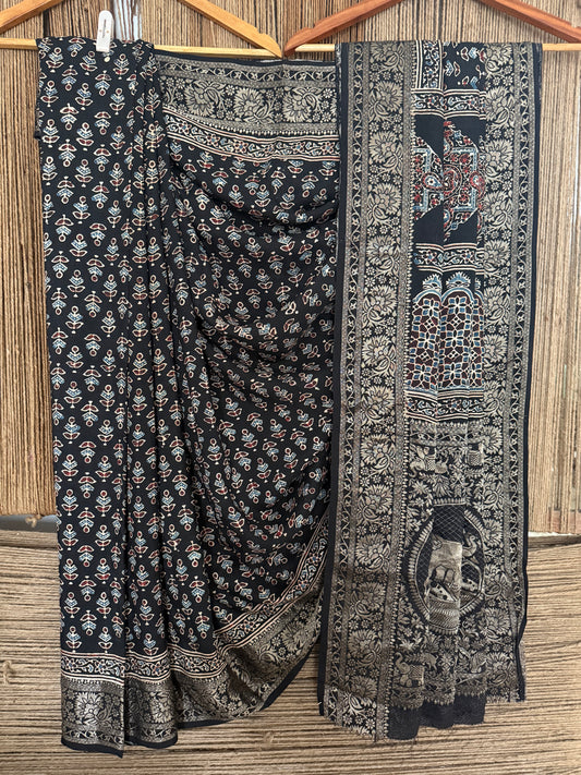 Black dola silk ajrakh zari border sari