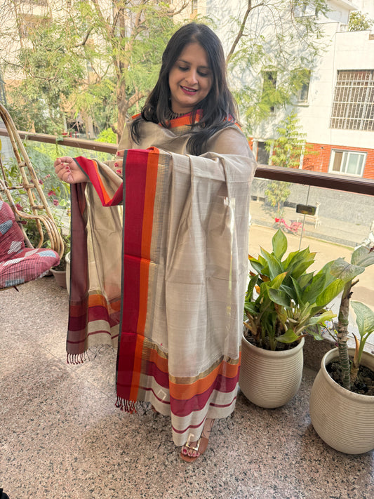 GREY MAHESHARI BORDER SILK HANDLOOM KURTA SET