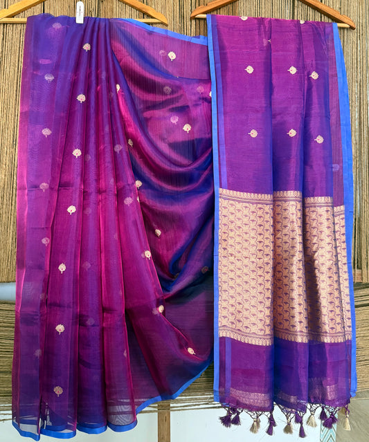 Indigo Violet Purple Kora Tissue silk certified handloom banarsi sari with woven zari