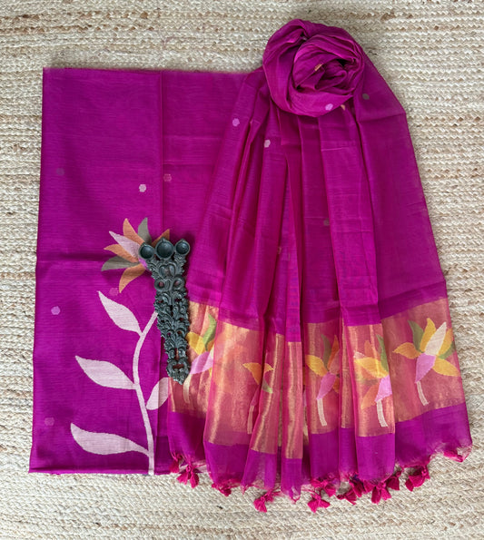 Hot Pink handwoven jamdani pure cotton silk kurta set mjk